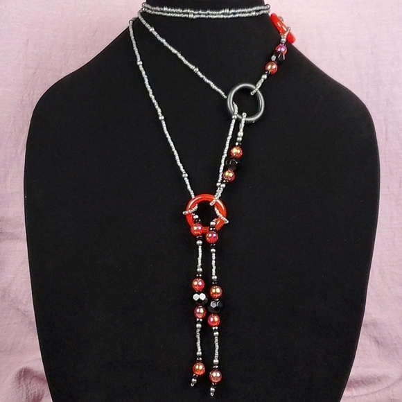 Beaded Lariat Necklace Red and Gray Beaded Choker Necklace Beaded Long Necklace - Picture 3 of 10